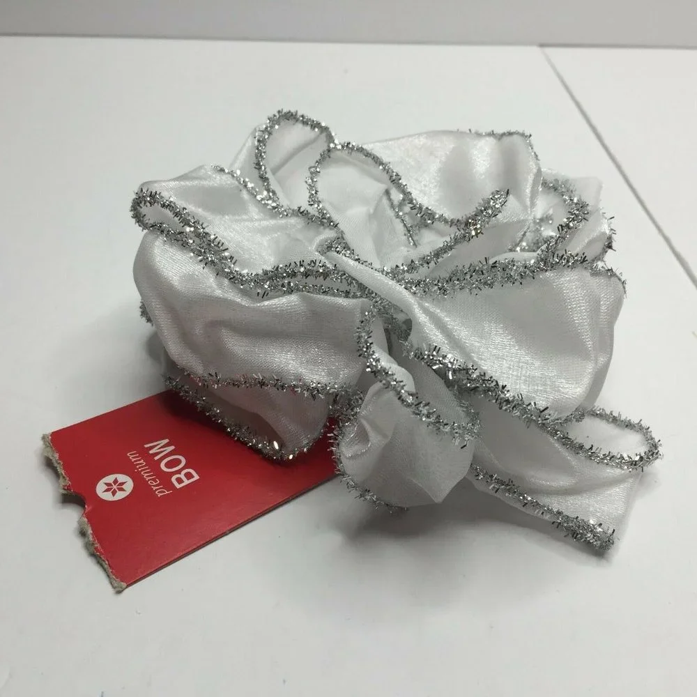 Premium Bow White Silver Tinsel Glitter Shimmer Craft Wreath Decorating Bow